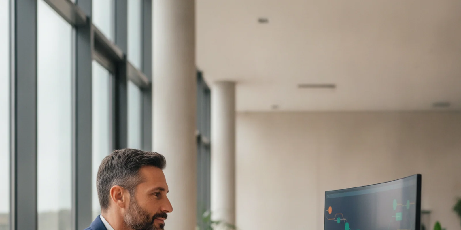Operatore di una centrale di televigilanza al lavoro su più monitor